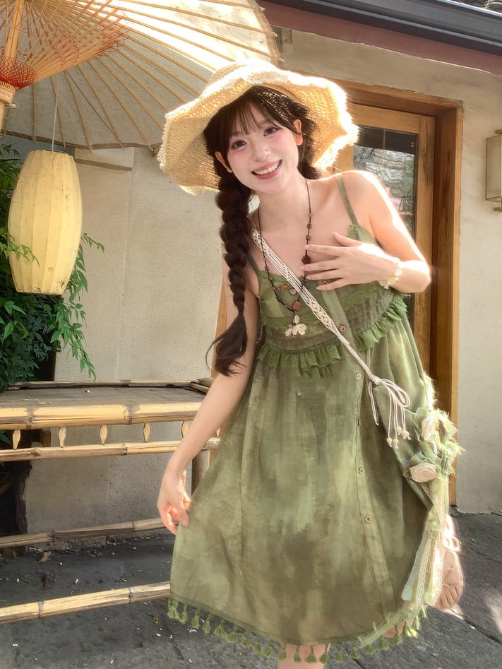 Green Tassel Hem Buttons Embellished Mori Kei Cami Dress Neckline