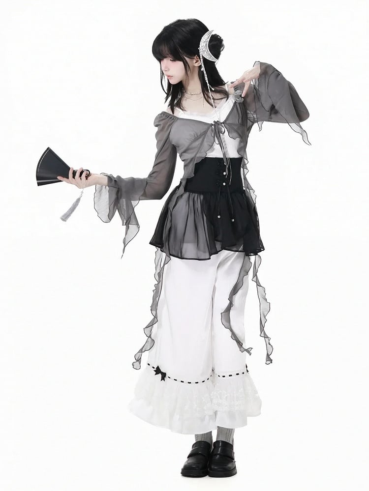 White Elastic Waist Bowknot Tiered Ruffled Cuffs Casual Pants Details