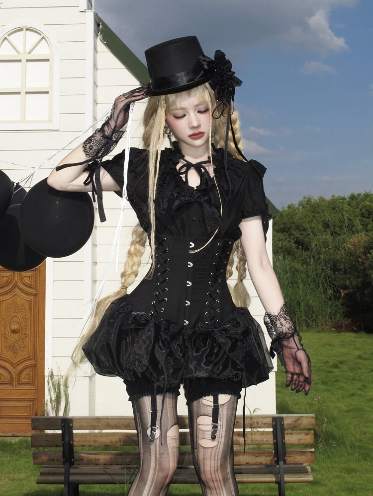 Gothic Layered Neckline Lolita Black with Waist Ruffles Blouse Elastic Smocked