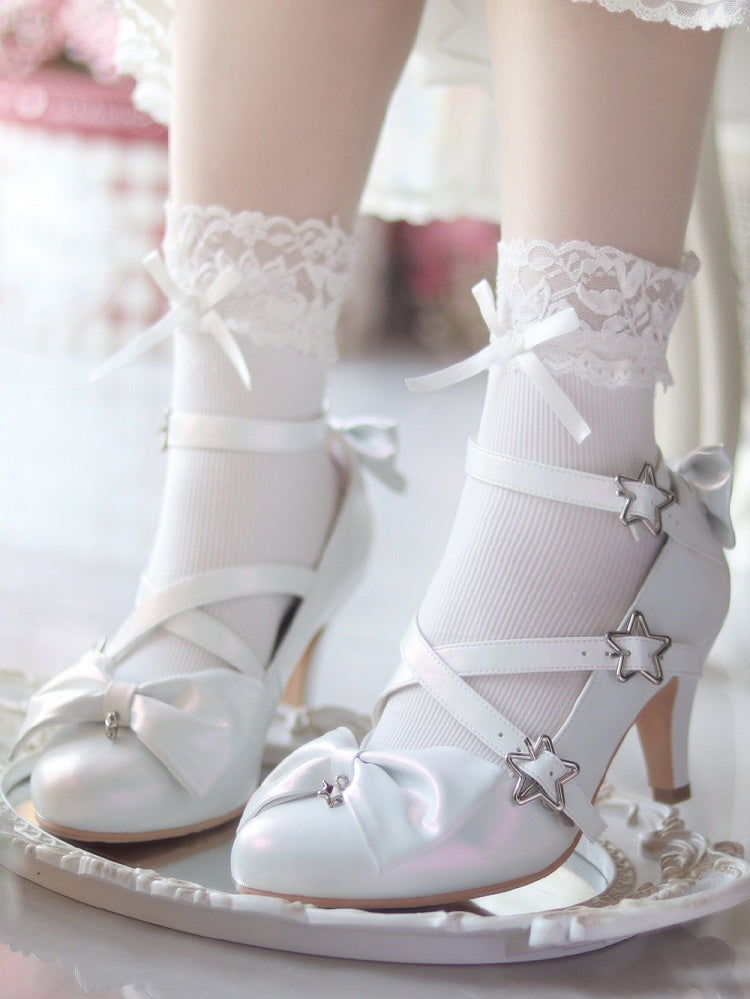 Star High White Sweet Lolita Buckles Crisscross Straps with - Accents Heels Bow