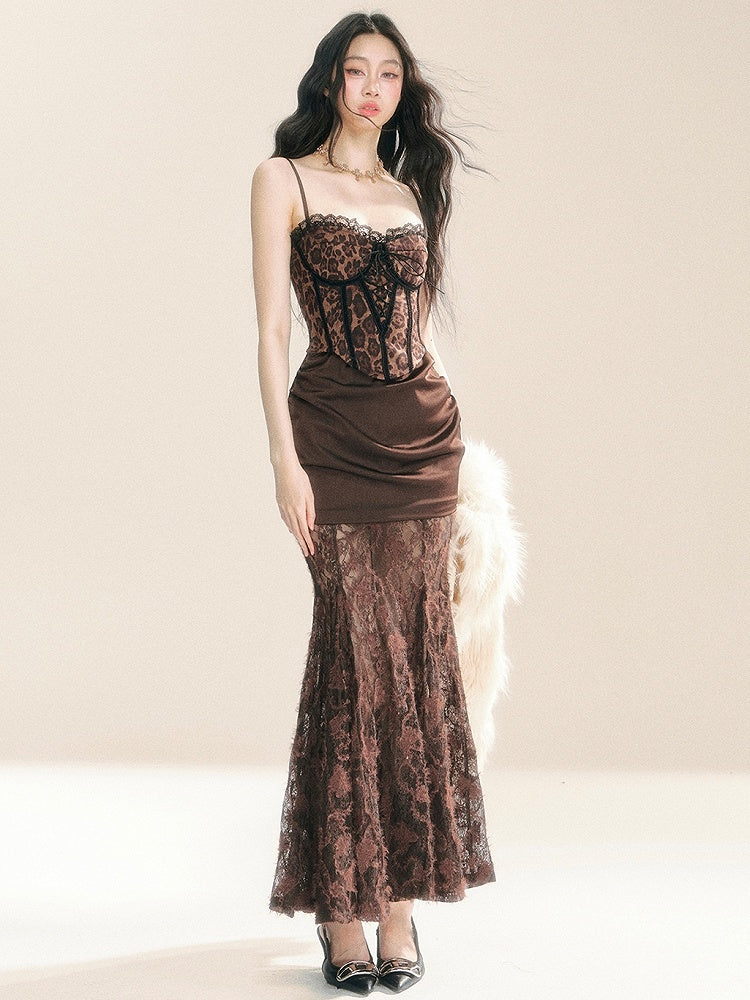 Braunes Leoparden-Korsett-Miederkleid-Abendkleid