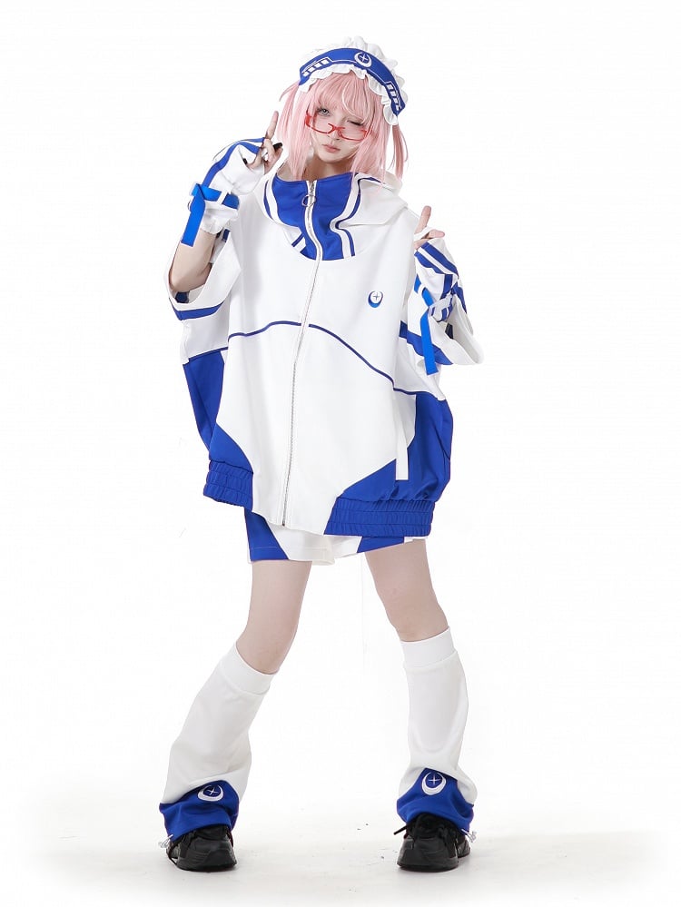 Blue and White Colorblock Design Jirai Kei Sports Shorts