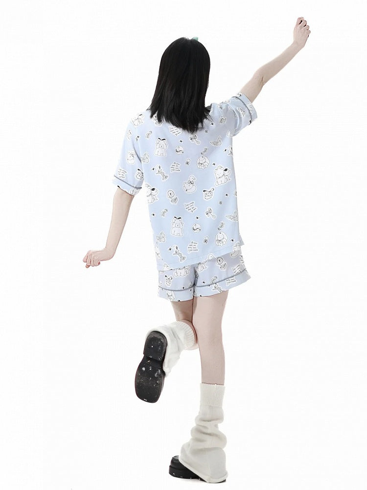 Puppy Print Pajamas Set Blue/Creamy Allover Cute Yellow Light