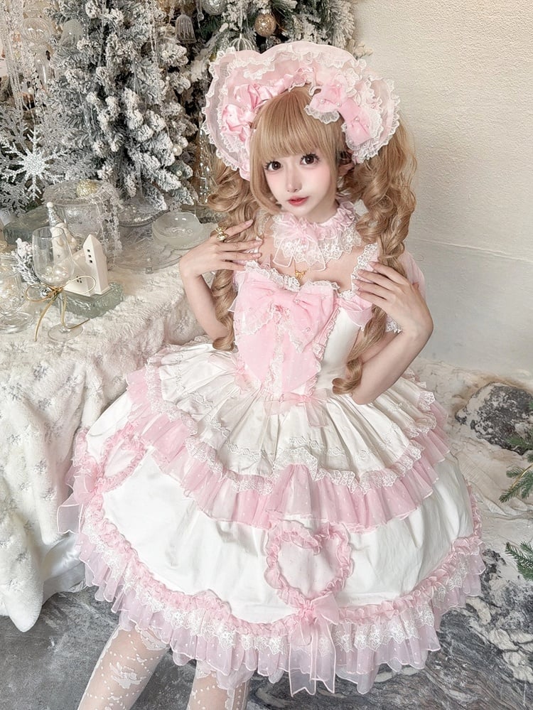 Pink and White Big Bowknot Bodice Princess Puff Sleeves Sweet Lolita Dress