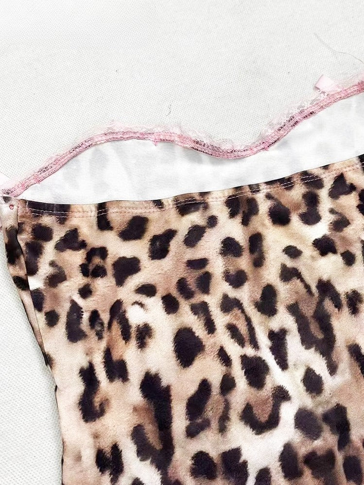 Strapless Leopard Pattern Top Padded Cups Cami Brown Pink With
