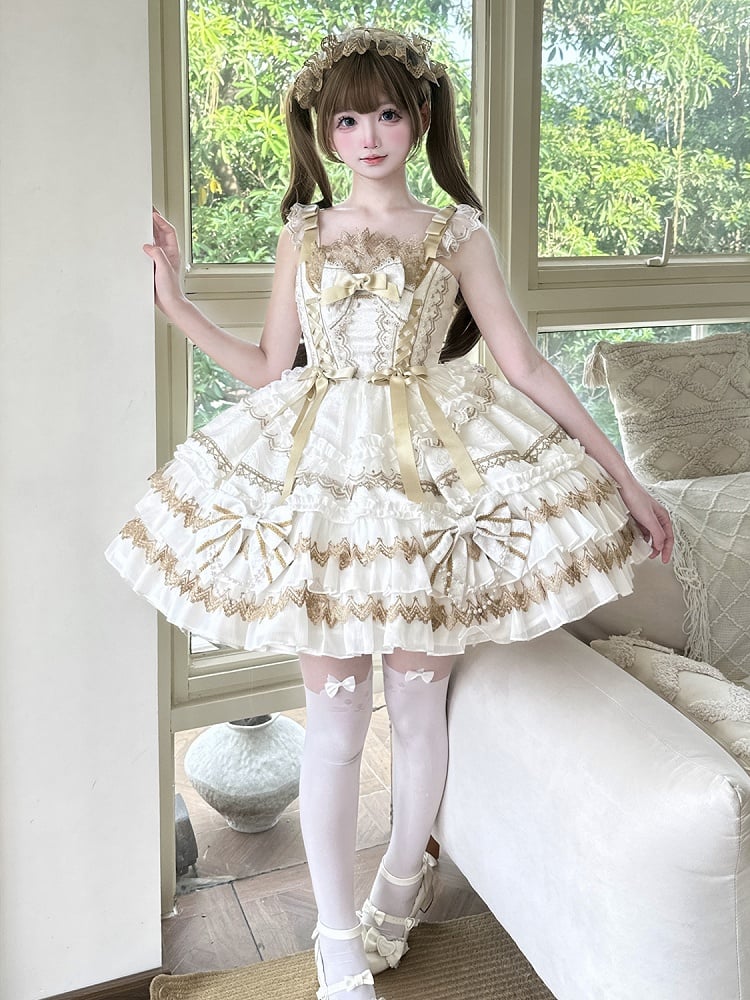 Bead Lolita Decorated White Dress Bows Chain Tiered Skirt Princess