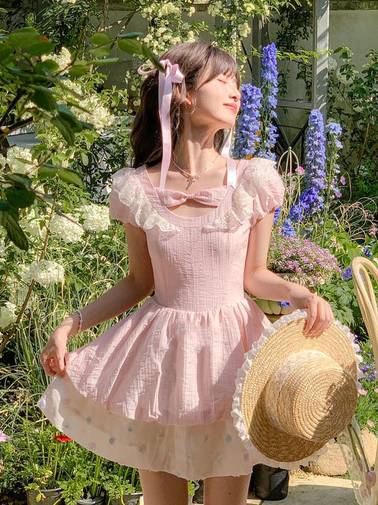 Rosa Bowknot Detail Ausschnitt Stufenrock Saum Süßes Kleid Bunte Polka Dot