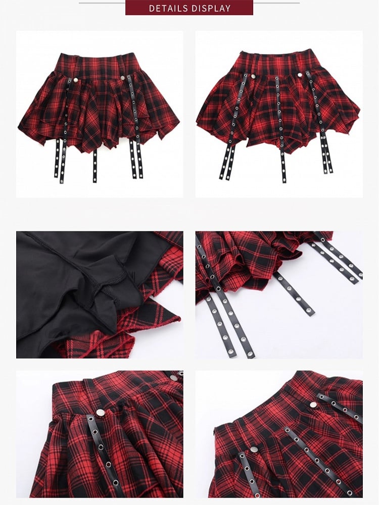 Y2K Red Plaid Mini Skirt - Tiered Skirt with Drooping Belt Accents
