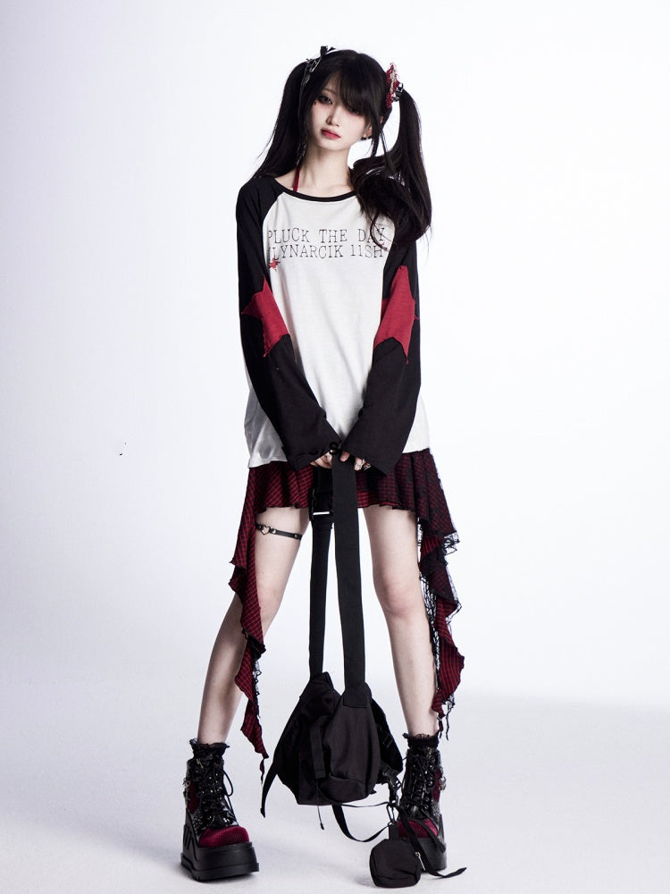 Loose Top Sleeves Black and White Colorblock Design Star Appliques