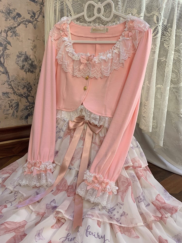 Cropped Pink Cardigan Triple with Edging Lace Bow-Detailed Cute Design