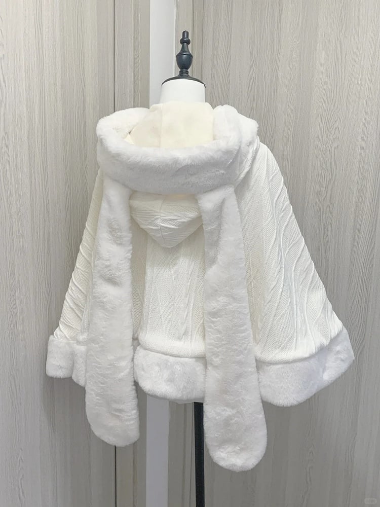 Hood Plush Cape Design Jirai Kei Beige Bunny Ears Bowknots Detachable