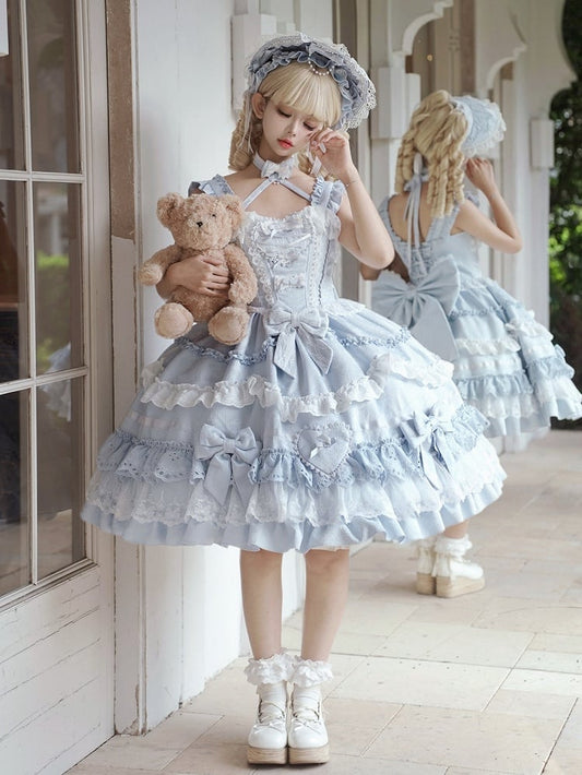 Blau-weißes Old School Lolita-Kleid mit Schleifen und herzförmiger Dekoration, Prinzessinnen-Lolita-Pulloverrock
