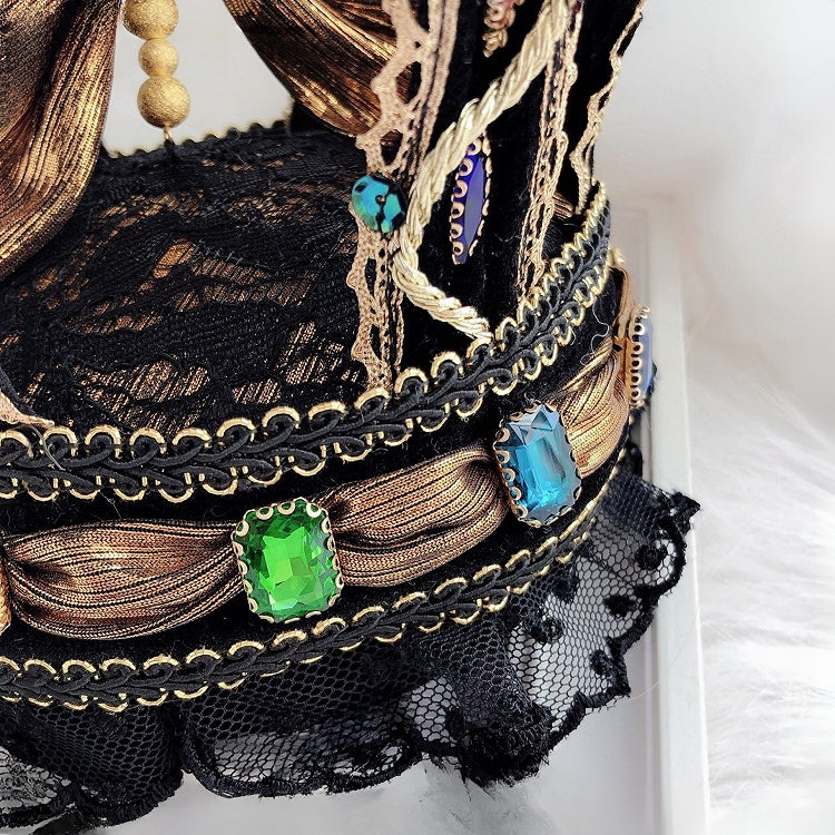 Strass Schwarzes Kreuz Mini Lolita Krone Hut Verziert Hime Design Schleife Perlen
