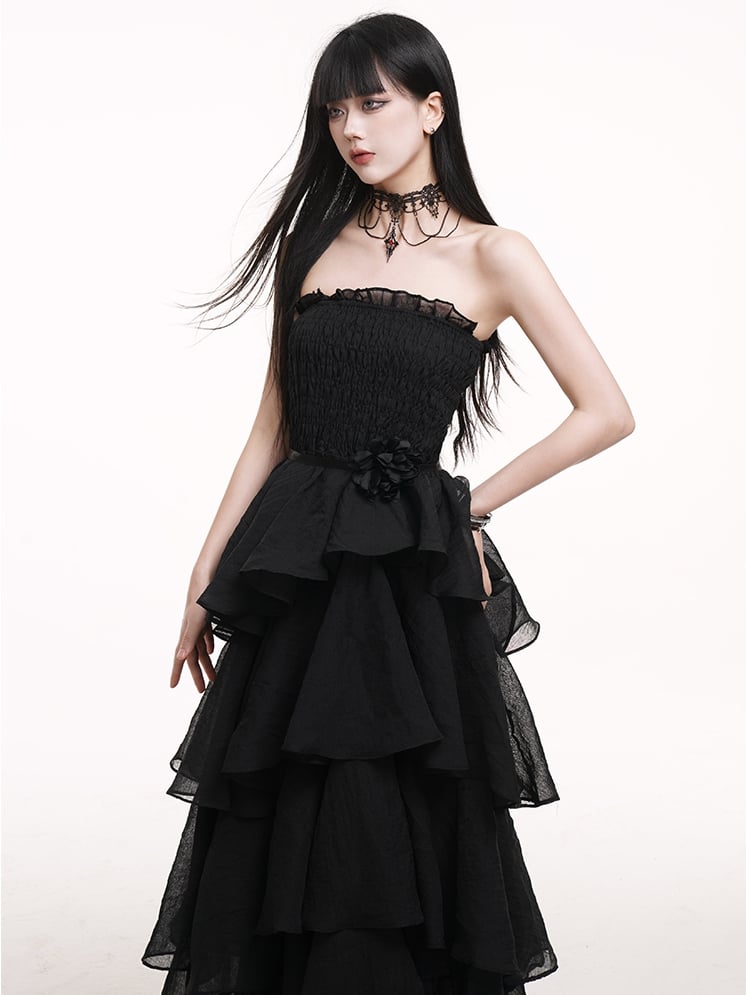 Waist Mesh Black High Prom Gown Dress Tiered Skirt