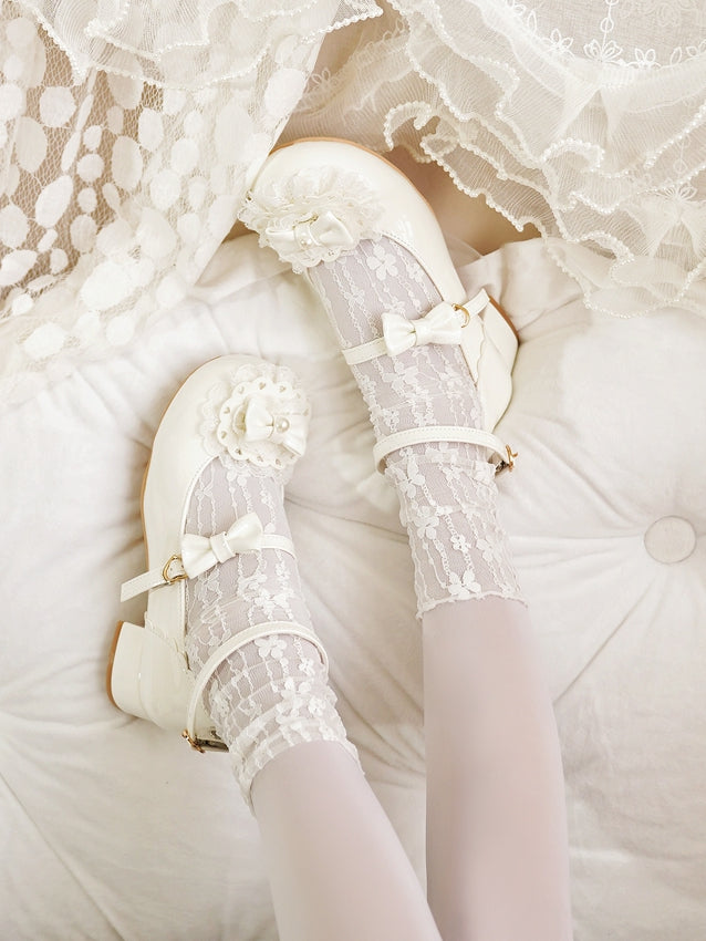 White Round Buckles Heart Lolita Lace at Milky Bow Toe Top Trim
