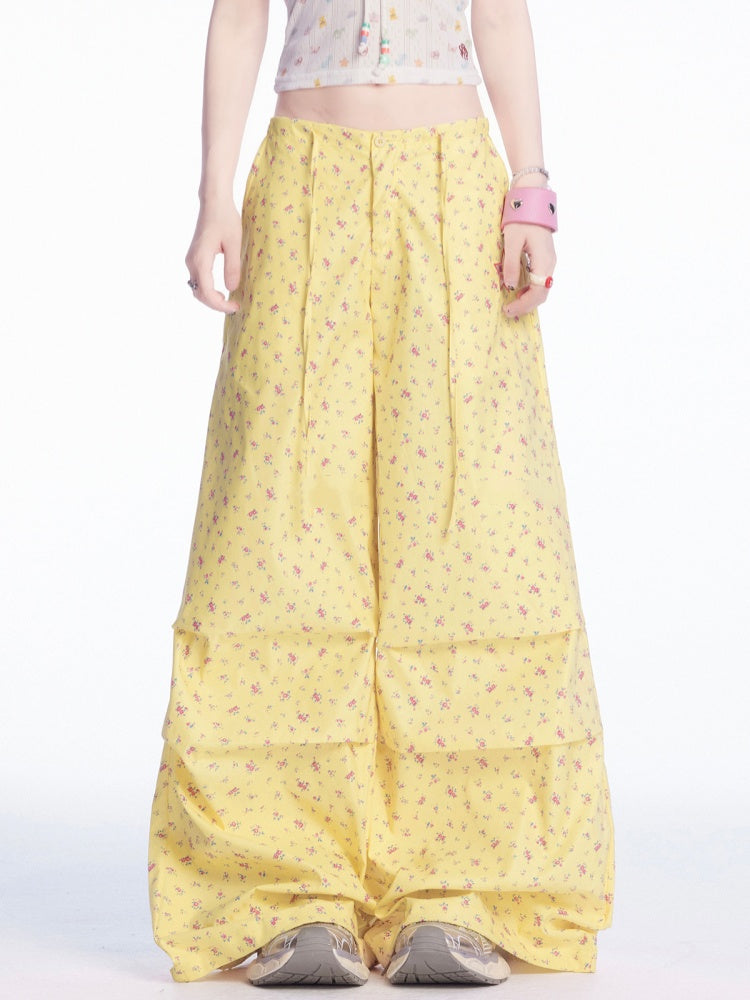 Light Yellow Drawstring Waist Floral Wide-leg Casual Pants