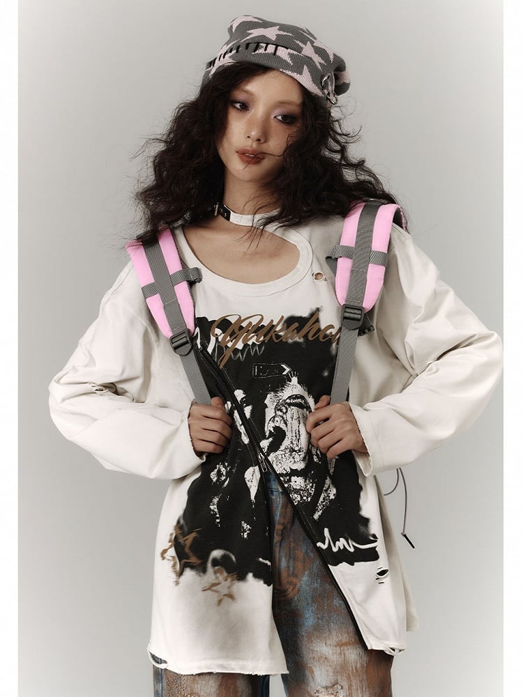 Zipper and Detail White Distressed Top with Cutout Shoulder
