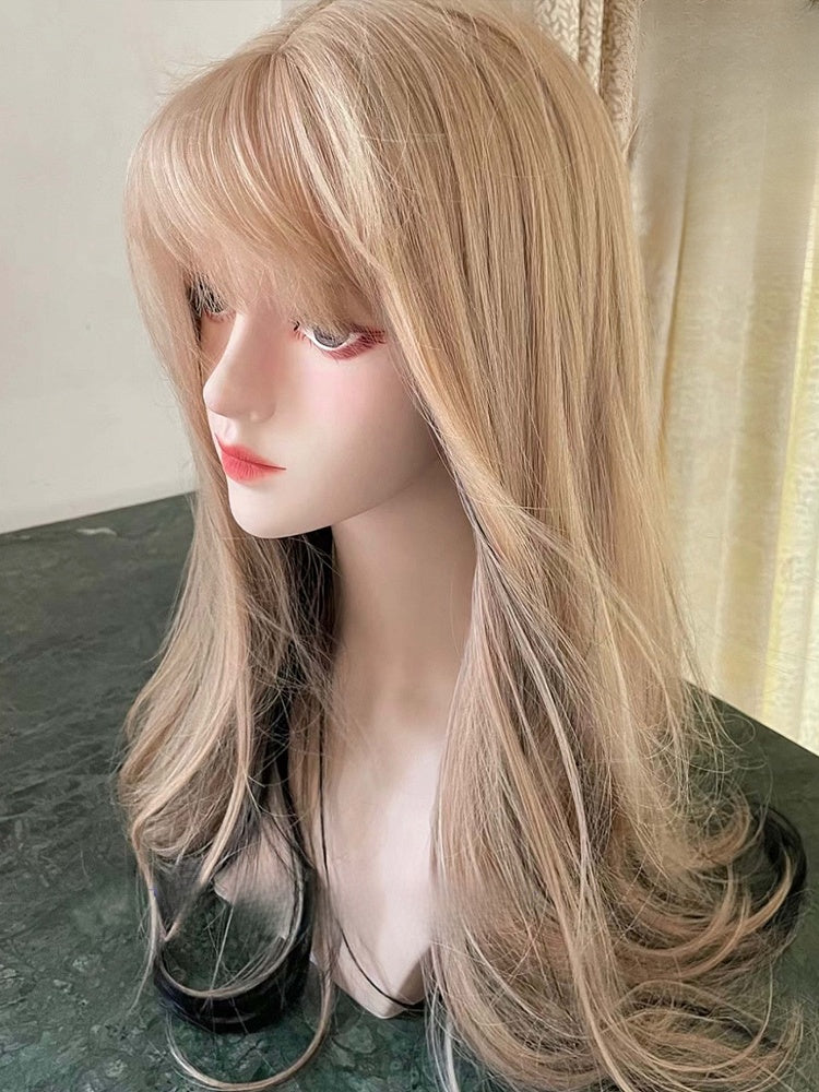 Length Wig And Wavy Bangs Blonde Air Highlight With Black 65CM