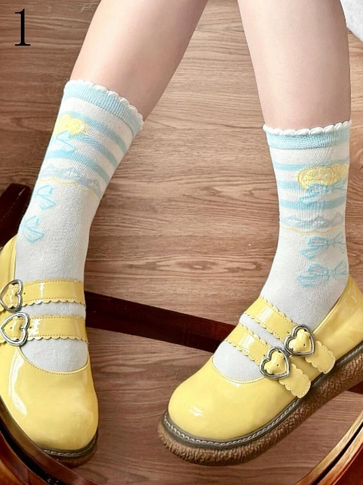 Blue Ruffle Socks Bowknot Print Lolita Lemon Trims Calf Sweet