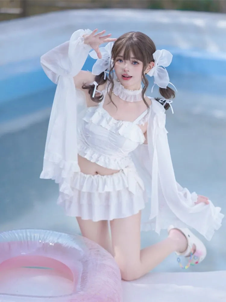 Details Tiered Trim White Bowknot Ruffle Skirt + Top Swimsuit