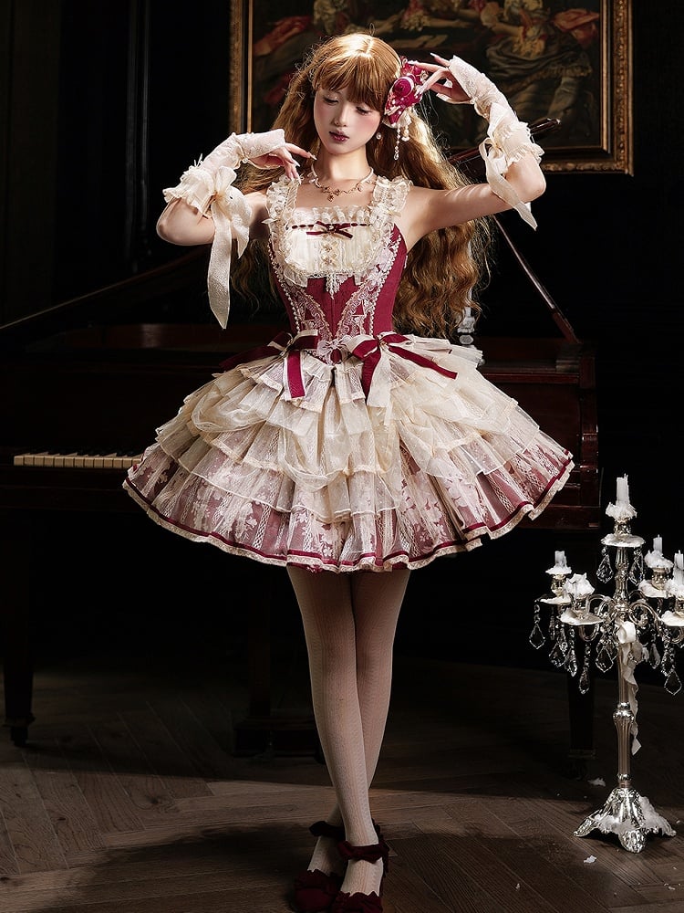 Lolita Red Skirt Print Princess + Boned Floral Corset Wine Balletcore Top