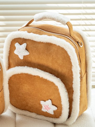 Warmy Large-Sized Brown Backpack With Plush Trim Style In Kawaii