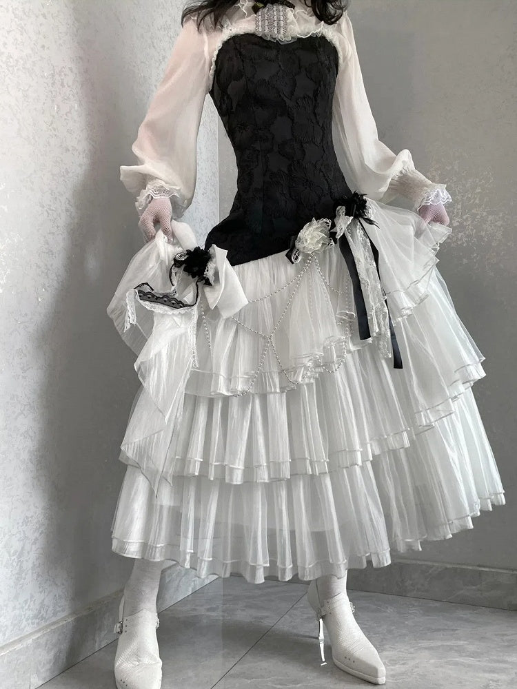 Classic JSK Elegant Layered Full Tulle Slim Bodice Jacquard Hem White Lolita Black Fit Floral Set