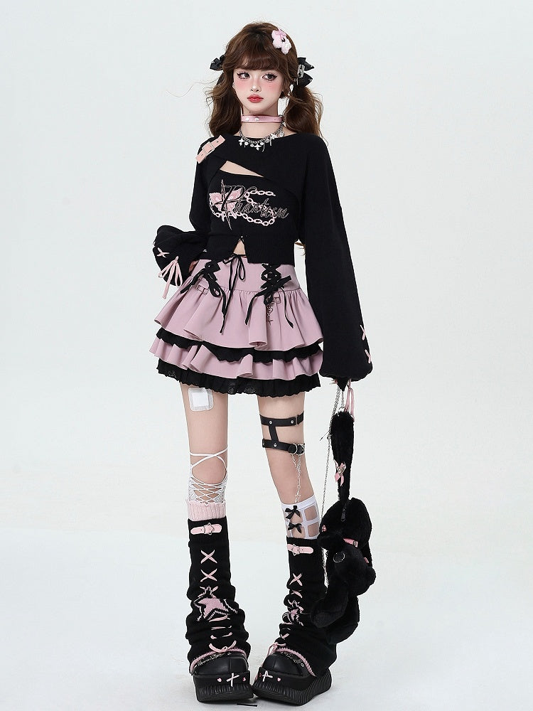 Waist at Pink Tiered Lace-up Details Y2K Skirt