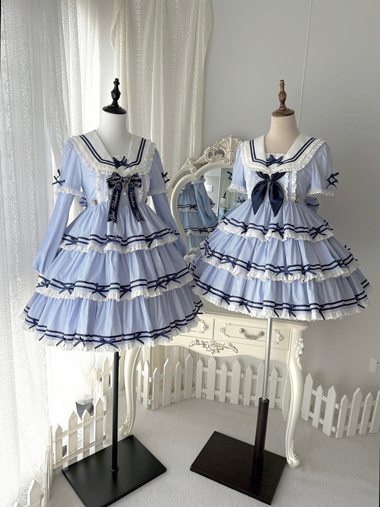Sailor Striped OP Set Skirt Summer Full Lolita Pattern Dress Blue Tiered
