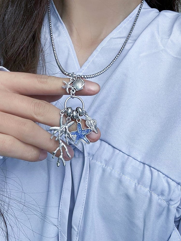 And Starfish Conch Pendant Y2K Necklace Bittersweet Coral Blue
