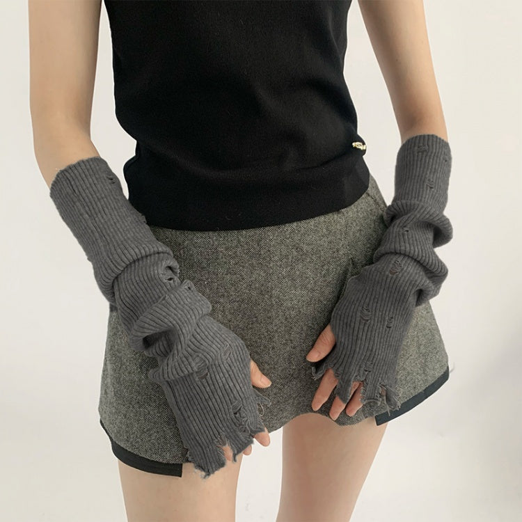 ダメージ加工の穴あき指なしニットロンググローブ