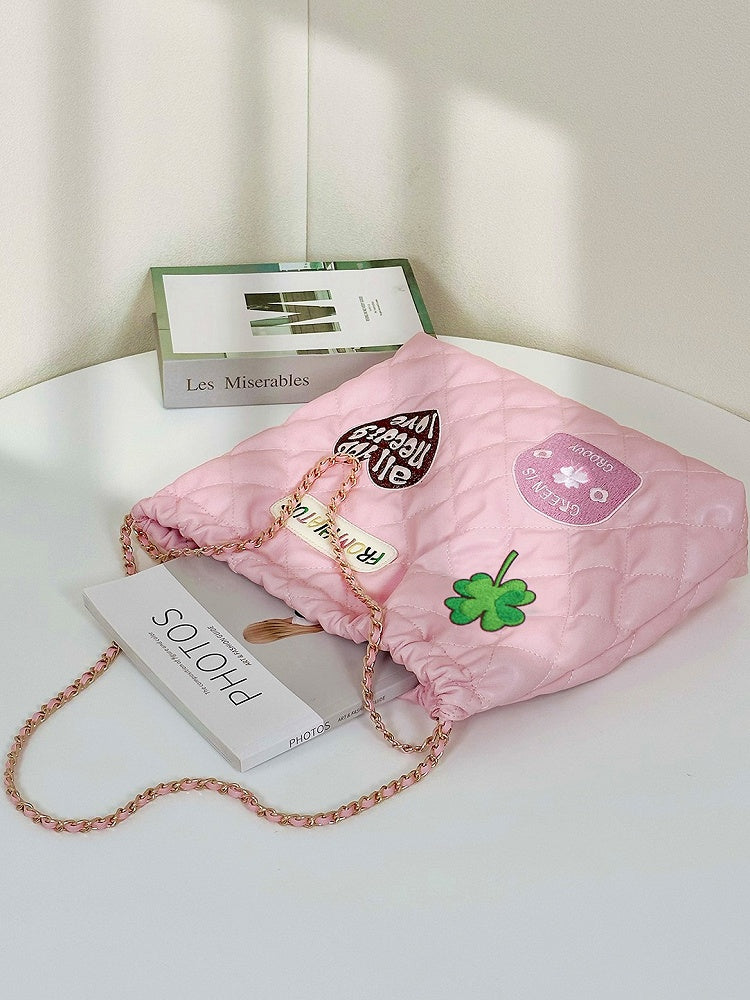 Sweet Pink Diamond Bag With Clover And Letter Embroidery Quilted Drawstring Shoulder