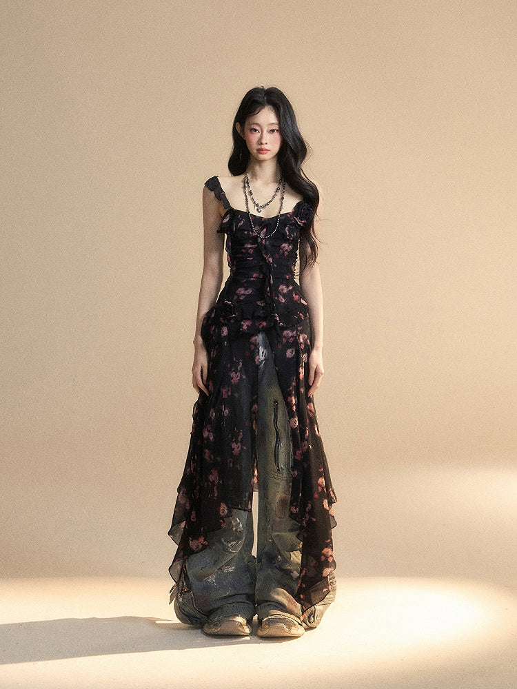 Black Sweetheart Neckline Sleeveless Top Asymmetrical Hem Chiffon Floral