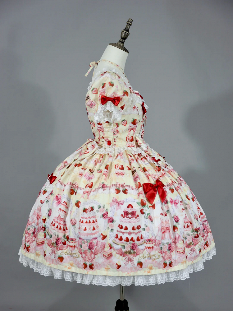 Dress Cake Strawberry / Bow Full Sweet Print Accents Yellow Set Lolita