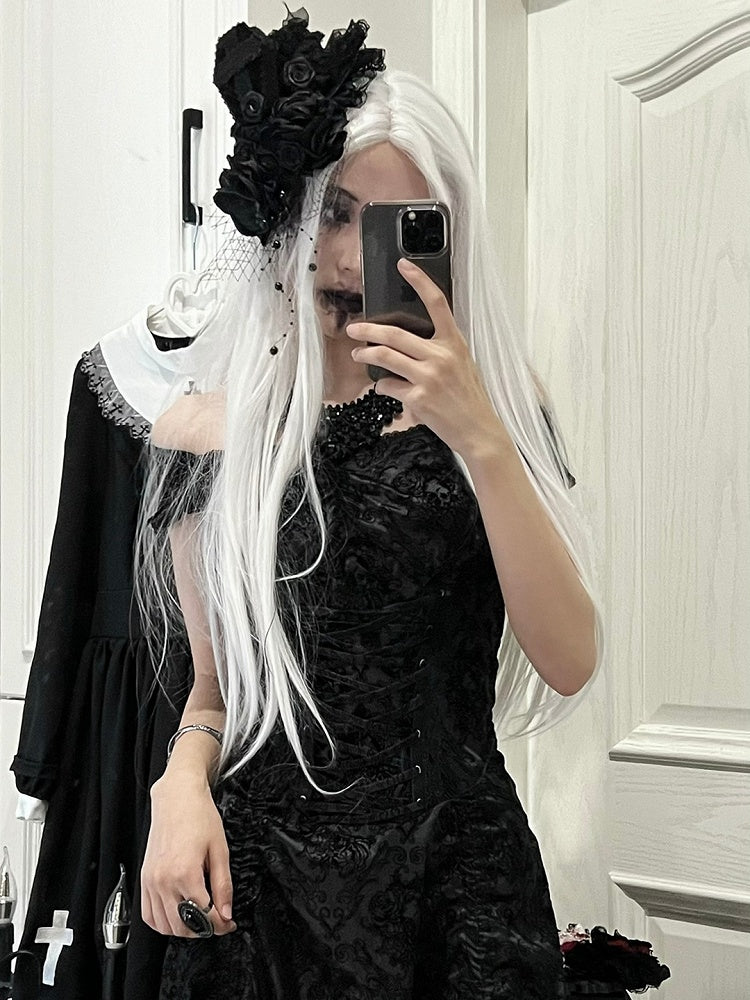 Floral Black Coffin Lolita Gothic Headpiece and Embellished Cross