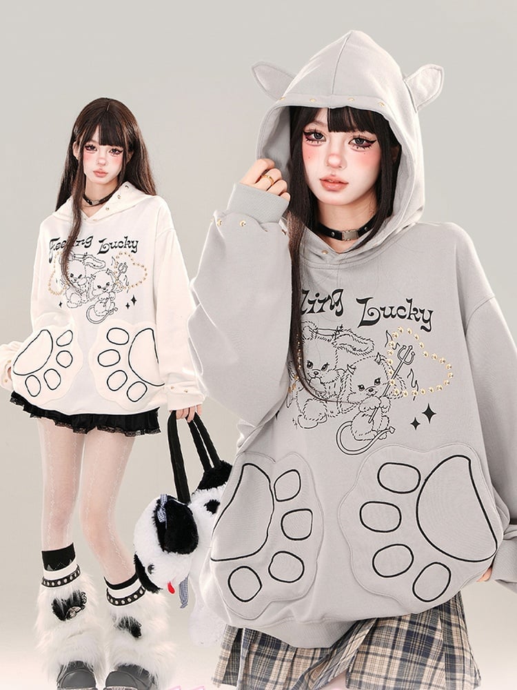 Weiß/grauer Hoodie mit Nieten und Devil Bunnies-Print