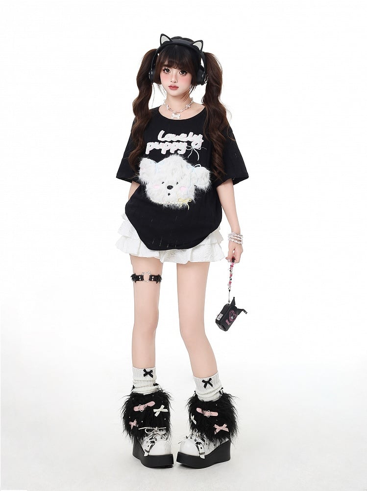 Loose Adorable Plush Puppy Black/Light Blue T-Shirt Round Neck