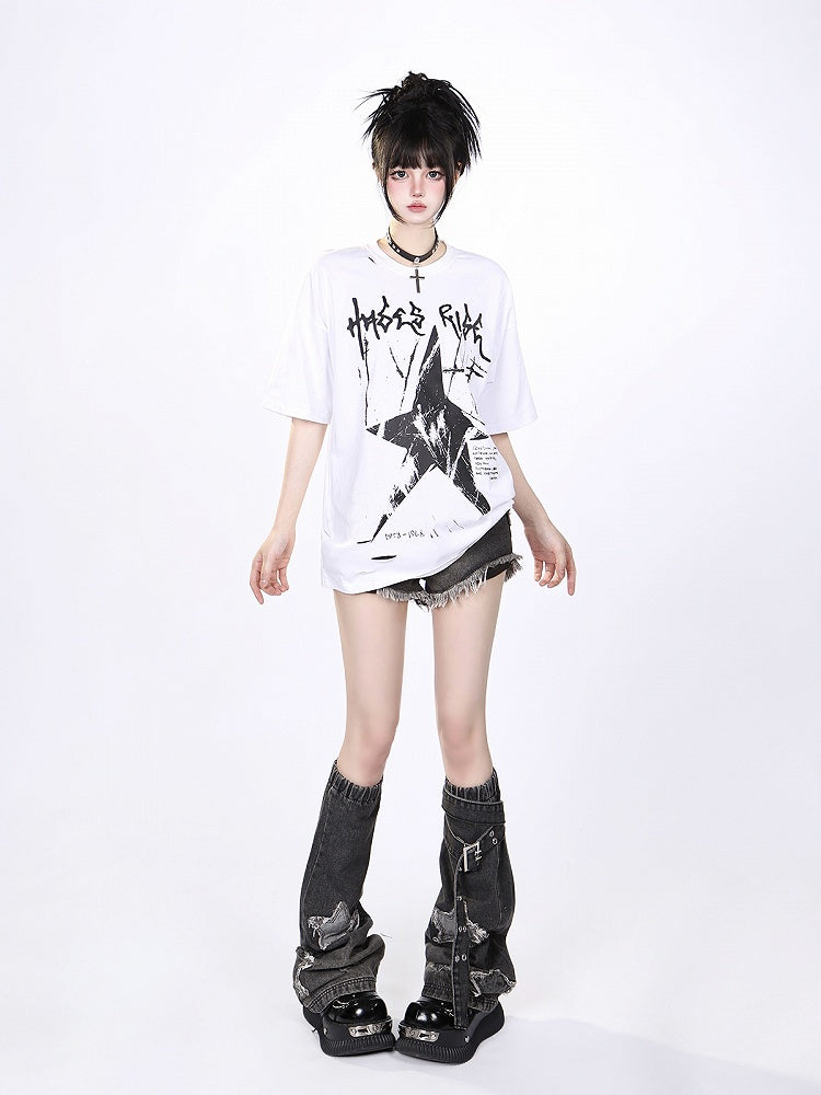 Black/White Vintage Washed Oversized Star Print T-Shirt