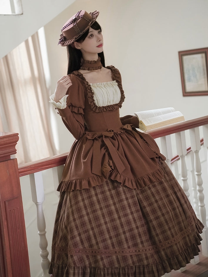 Ausschnitt Lollita Plaid Square Langes Kleid Elegante Kaffeeversion Klassisch