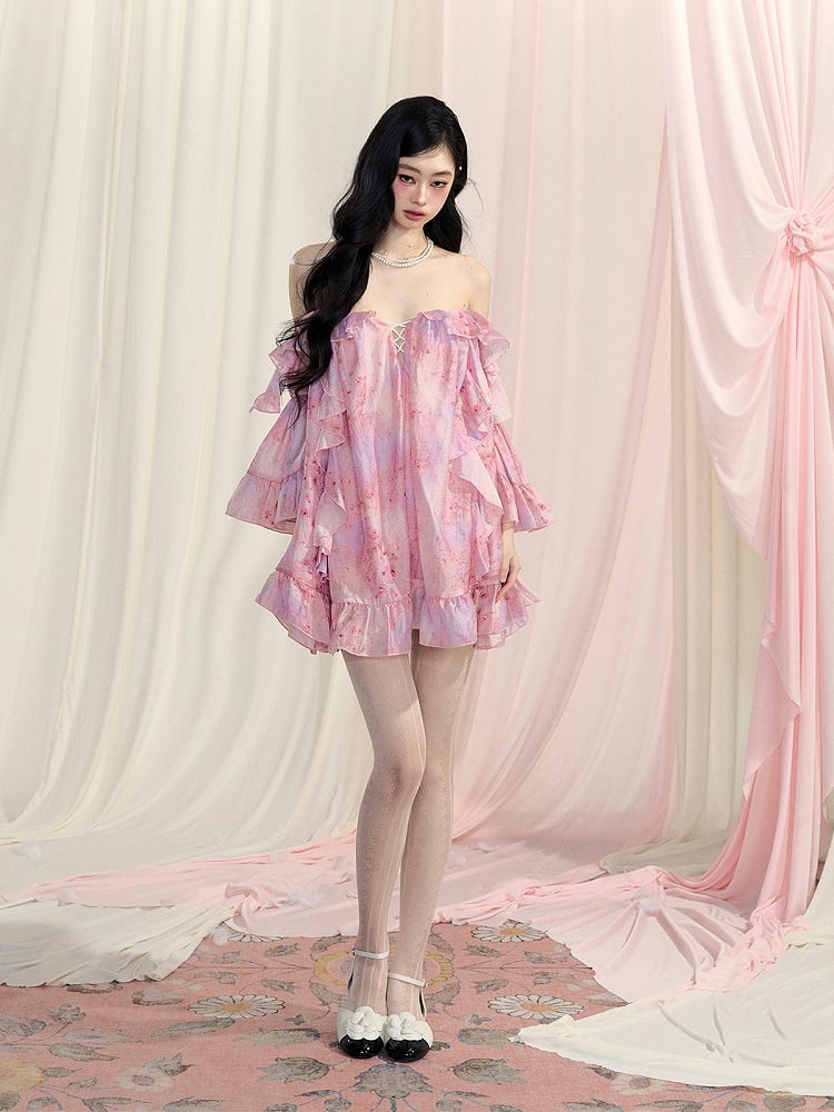 Pink Off-the-Shoulder Bell Sleeves Cascading Ruffle Dress Accents Floral Mini