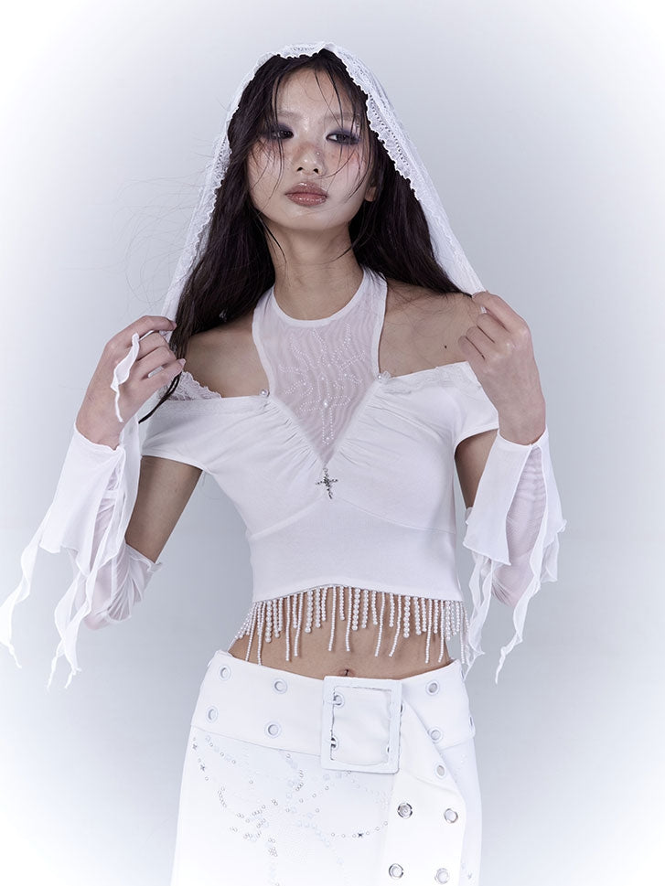Hood Punk Hem Top with Cropped White Cutout Lace Shoulder Beaded Tassel