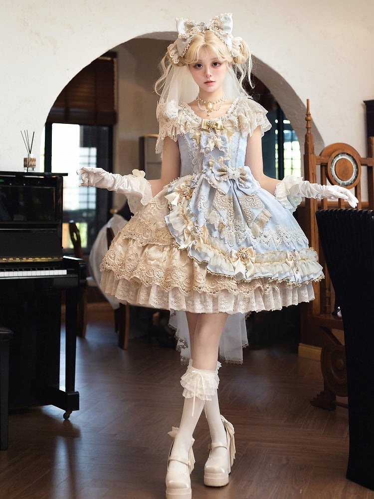 Jumper Blue Princess Bow Full and Skirt Accents Lolita Bead Jacquard Dress Set