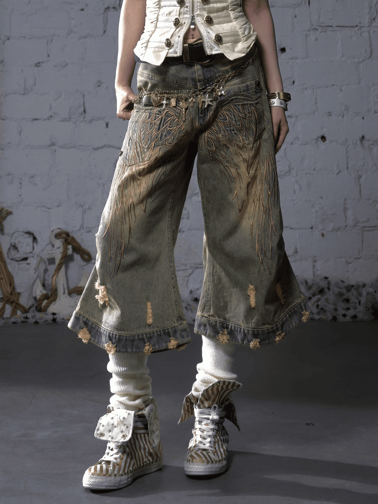 Angel Blue/Yellow Faded Wash Distressed Holes