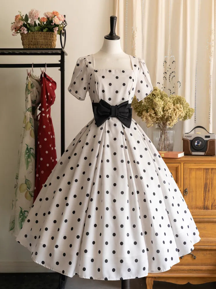and Neckline Polka Dots Square Petal Dress Sleeves Black White Pattern