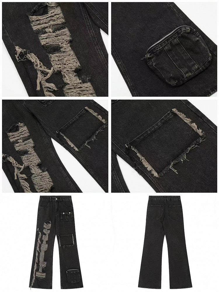 Black Faded Wash Distressed Multi-Pockets Jeans with Raw Hem