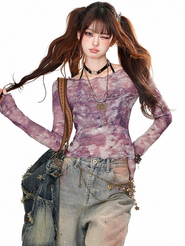 Lila/braunes bedrucktes Netzoberteil mit Neckholder-Camisole-Set