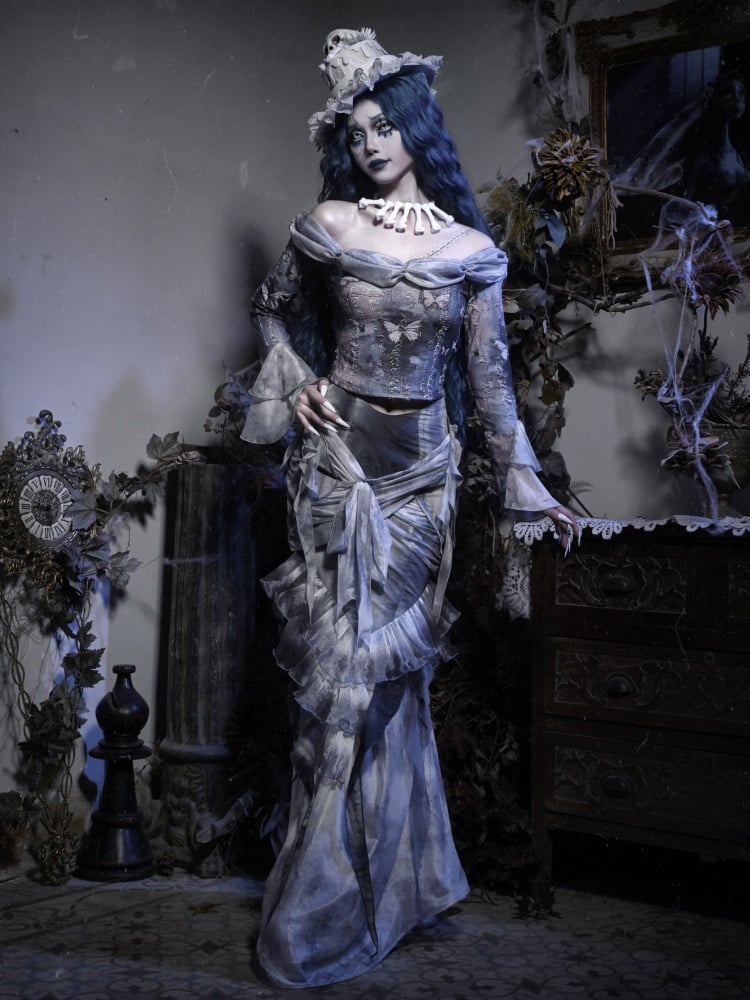 Jupe sirène gothique Corpse Bride bleu poussiéreux à volants et genoux