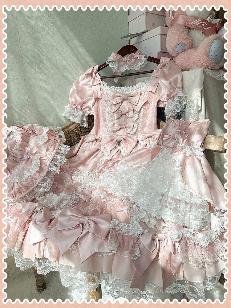 Dress Sweet Lolita Pink Accents High Detachable with Sleeves Bow Waist Princess