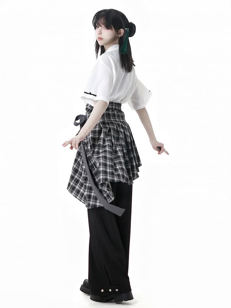 White Banded Collar Cheongsam Style Shirt with Detachable Beaded Chains