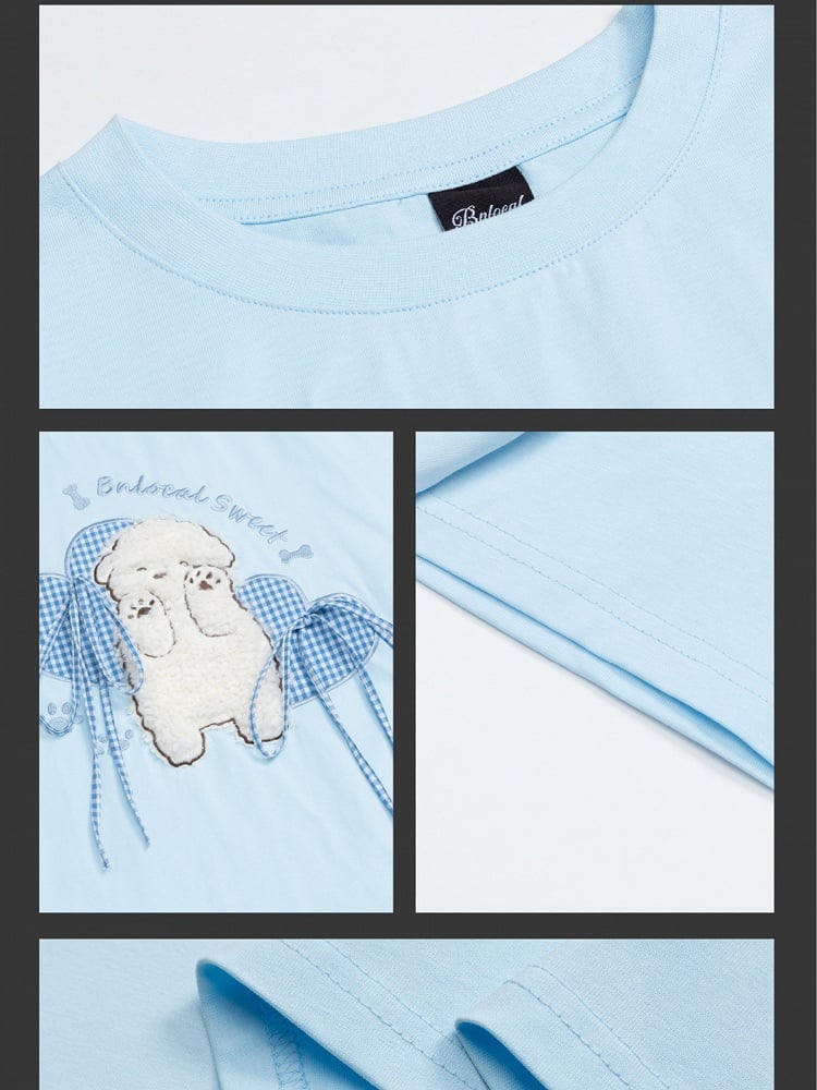 Hellblau/Rosa T-Shirt mit süßer Plüsch-Welpen-Applikation und kurzen Ärmeln und lockerer Passform